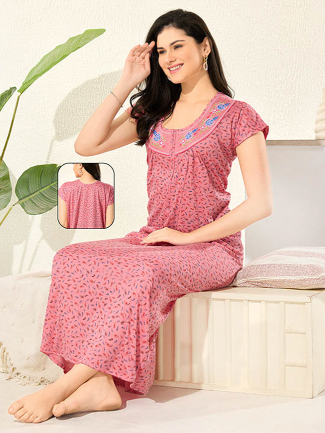 1277-Women's Pure Cotton Blended Printed Maxi Dress for Daily & Night Wear Floral Nighty