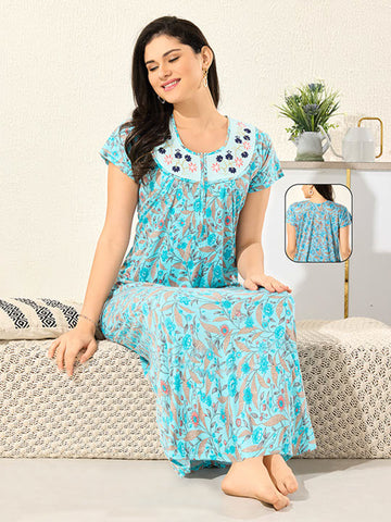 Women's Pure Cotton Blended Printed Maxi Dress for Daily & Night Wear Floral Nighty Women's Pure Cotton Blended Printed Maxi Dress for Daily & Night Wear Floral Nighty
