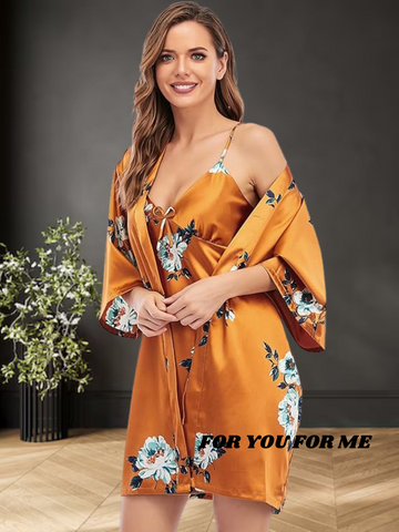 93 Orange-Women's Satin Floral Nightdress and Robe Set 93 Orange-Women's Satin Floral Nightdress and Robe Set