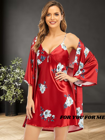 93 WINE-Women's Satin Floral Nightdress and Robe Set 93 WINE-Women's Satin Floral Nightdress and Robe Set