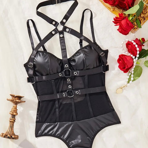 123-Faux Leather & Mesh Harness Bodysuit – Black 123-Faux Leather & Mesh Harness Bodysuit – Black