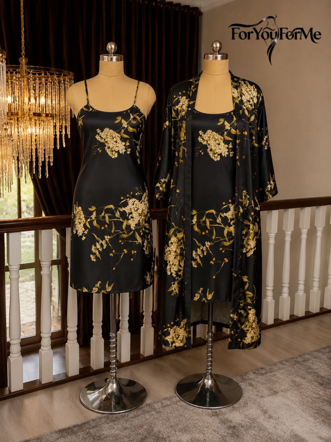11003-Black Floral Satin Nightwear Robe Set for Women