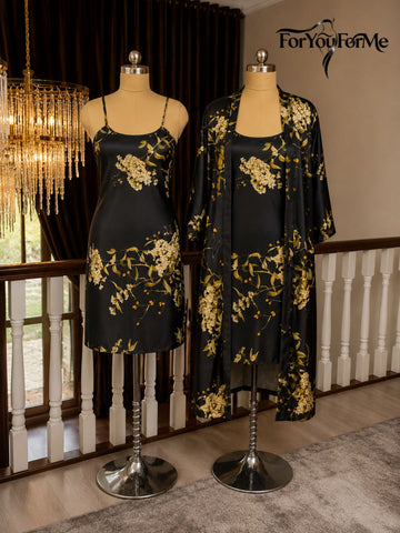 11003-Black Floral Satin Nightwear Robe Set for Women