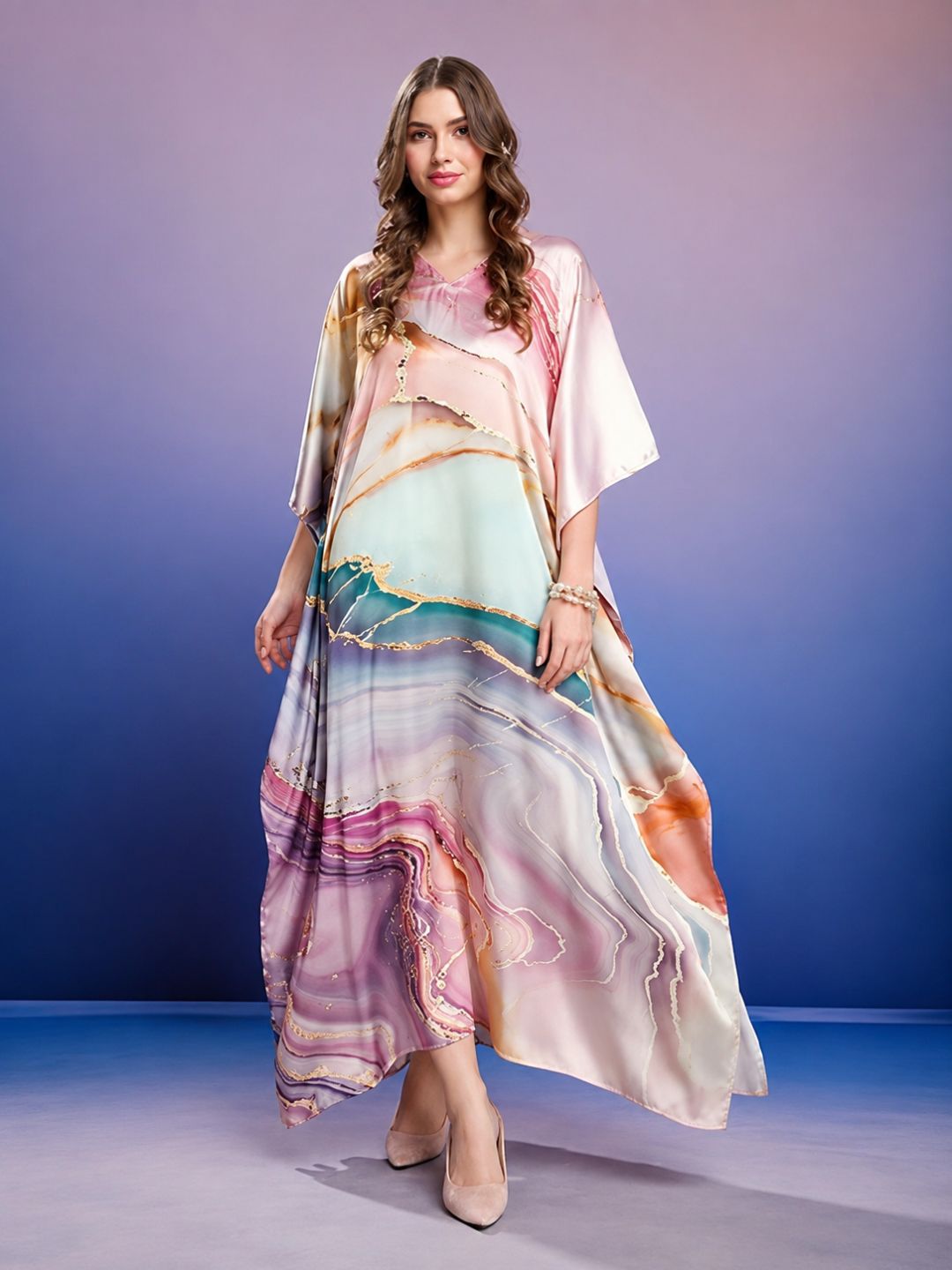 11057-Women Floral Printed Satin Kaftan Dress