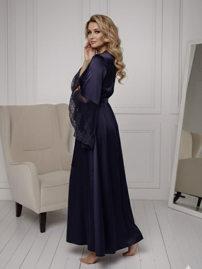 11028-Black Elegant Lace Trim Bridal Robe with Flared Sleeves