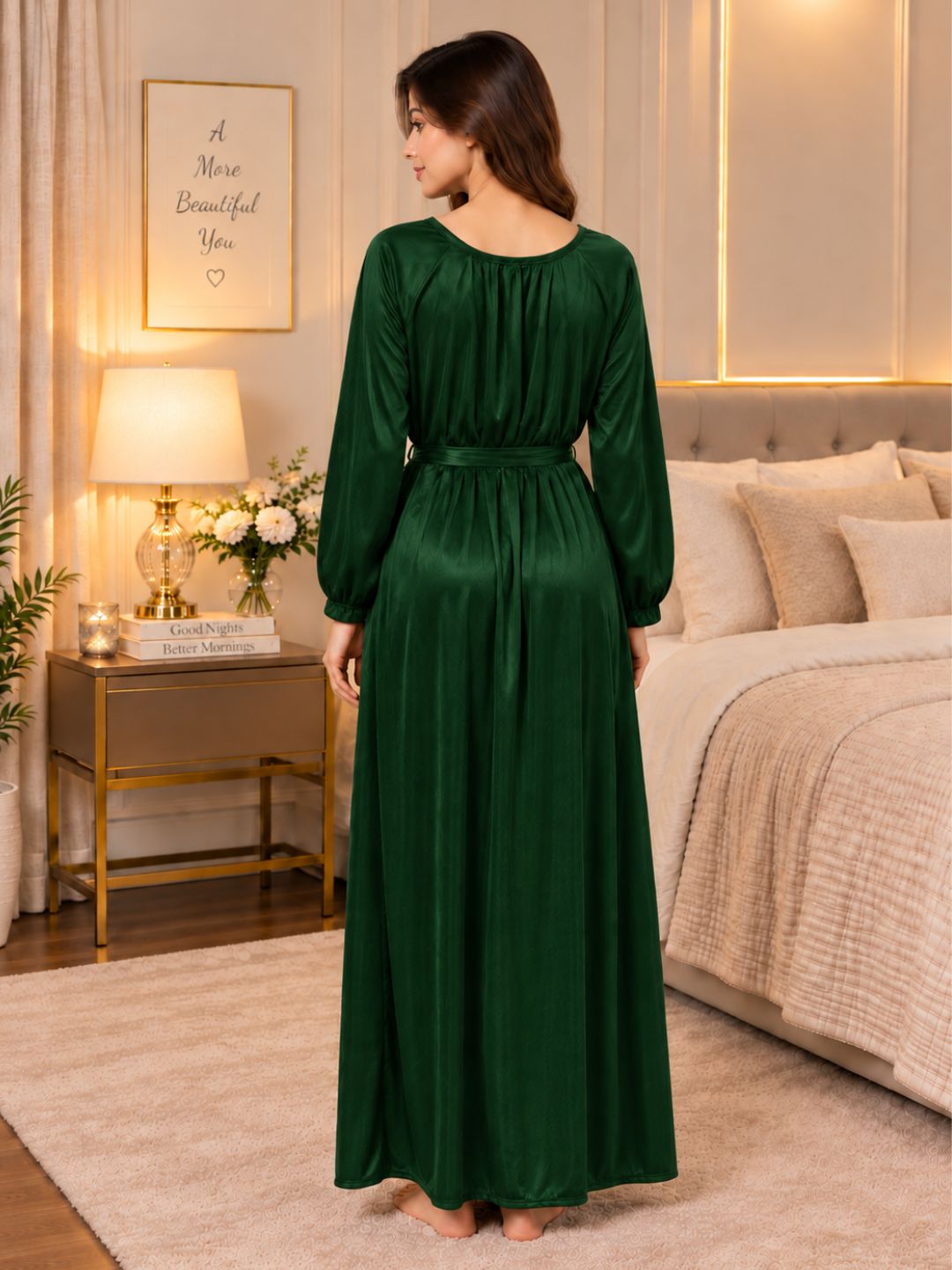 11065-Women Solid Satin Full-Length Night Dress.