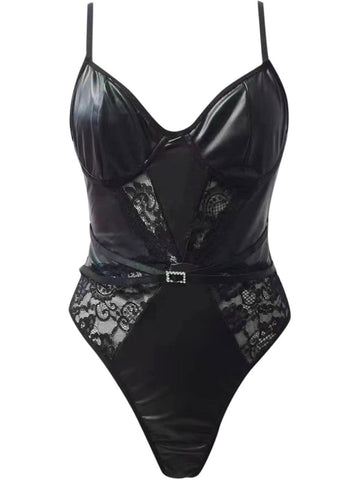 133 - Women Black Party Wear Faux Leather Lace Bodysuit