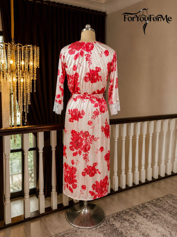 11031-Women Blush Pink Floral Satin Nightwear Set with Lace Trim Robe