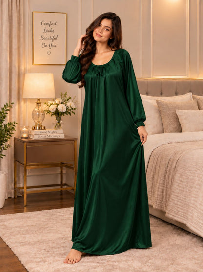 11065-Women Solid Satin Full-Length Night Dress.