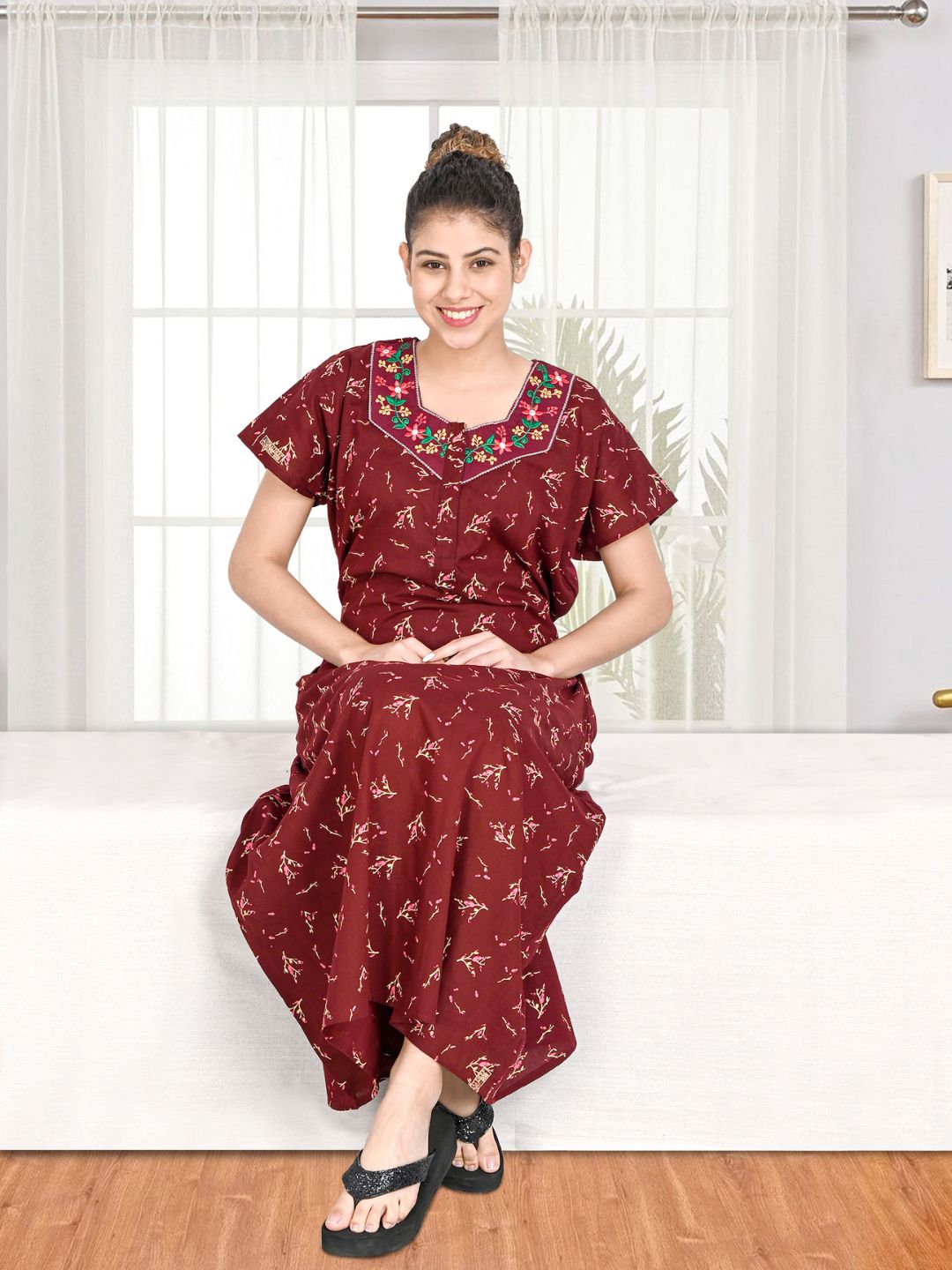 1903-Women's Pure Cotton Blended Printed Maxi Dress for Daily & Night Wear Floral Nighty