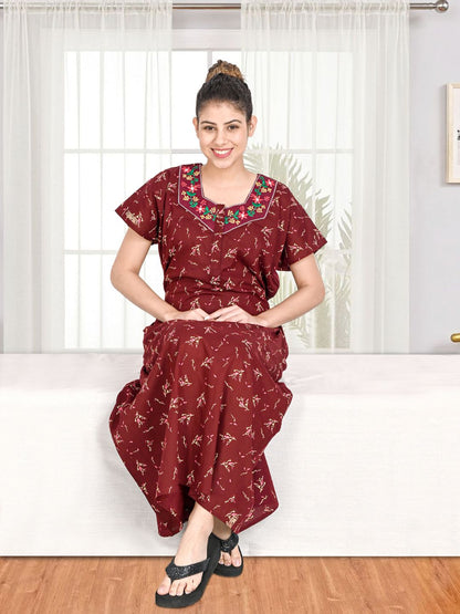1903-Women's Pure Cotton Blended Printed Maxi Dress for Daily & Night Wear Floral Nighty