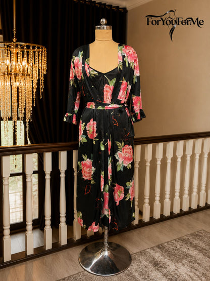 11017-BLACK-Women’s Floral Satin Nightdress with Matching Robe