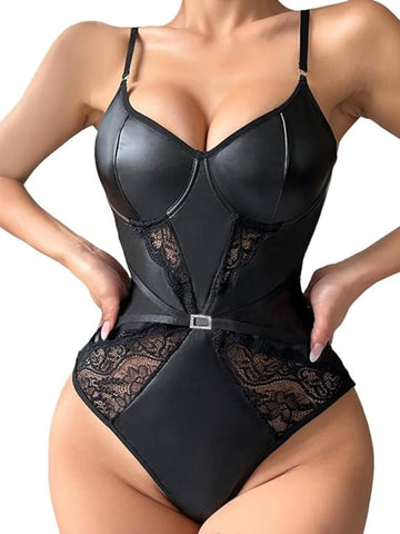 133 - Women Black Party Wear Faux Leather Lace Bodysuit