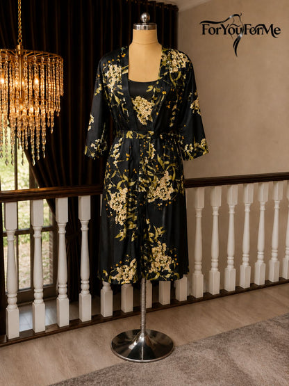 11003-Black Floral Satin Nightwear Robe Set for Women