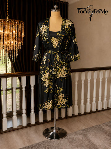 11003-Black Floral Satin Nightwear Robe Set for Women