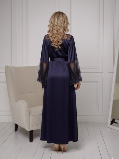 11028-Black Elegant Lace Trim Bridal Robe with Flared Sleeves