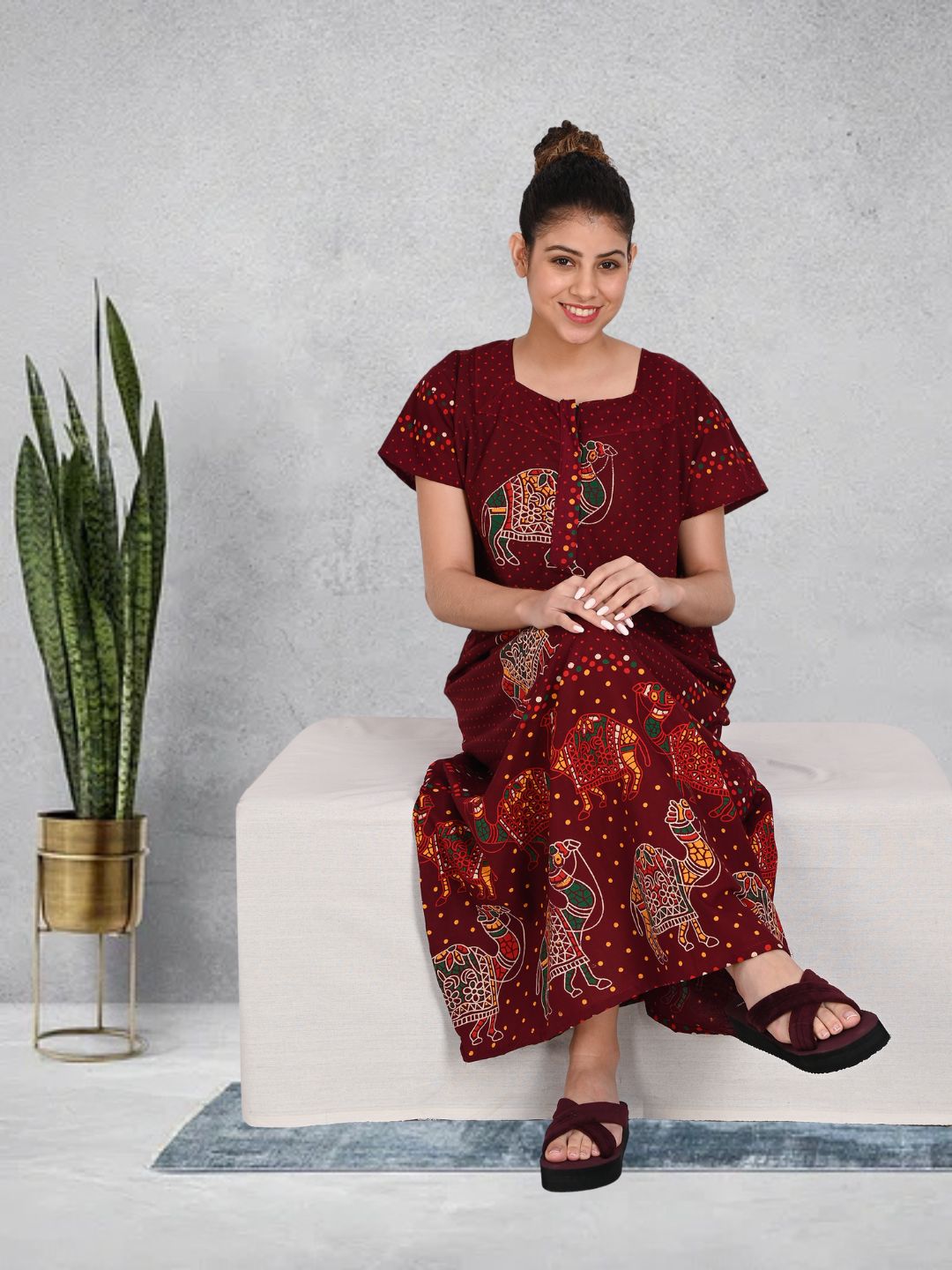 1450-Women's Pure Cotton Blended Printed Maxi Dress for Daily & Night Wear Floral Nighty