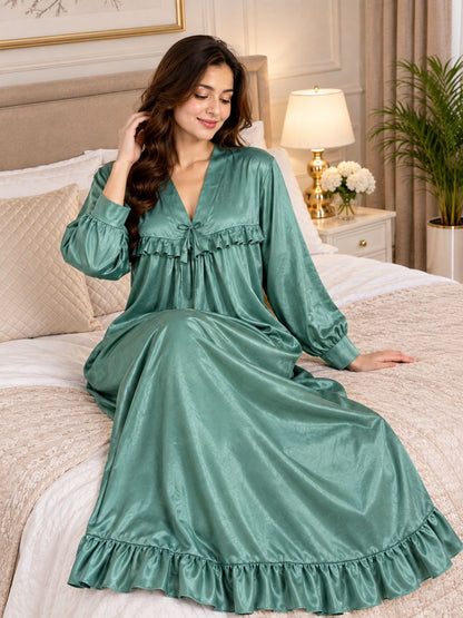 11064-Satin V-Neck Ruffled Maxi Nightdress