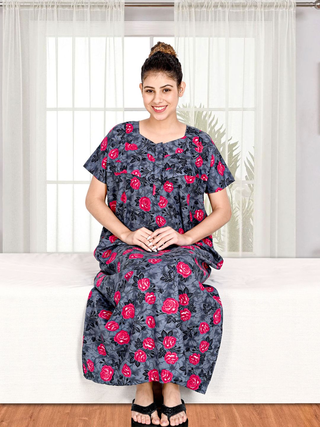 1500-Women's Pure Cotton Blended Printed Maxi Dress for Daily & Night Wear Floral Nighty