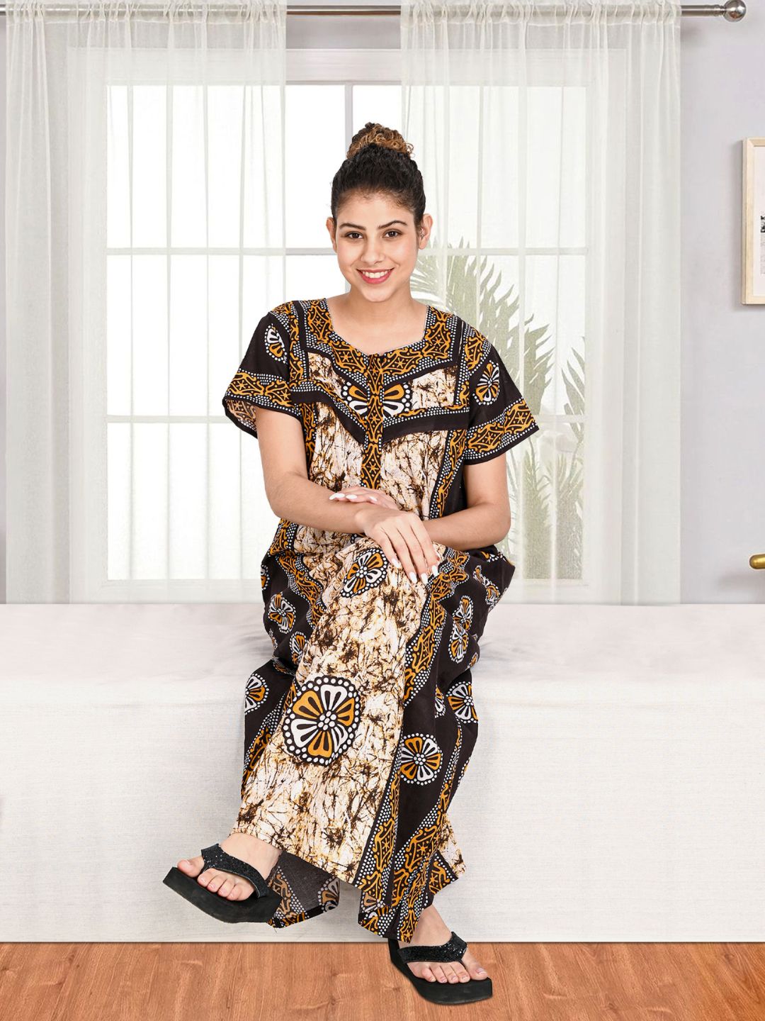 1501-Women's Pure Cotton Blended Printed Maxi Dress for Daily & Night Wear Floral Nighty