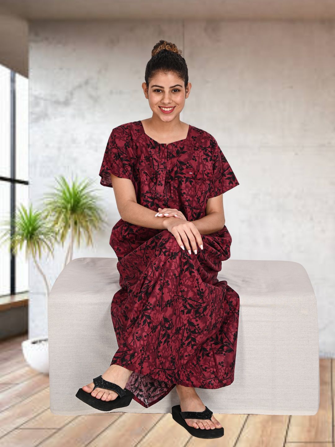 1502-Women's Pure Cotton Blended Printed Maxi Dress for Daily & Night Wear Floral Nighty