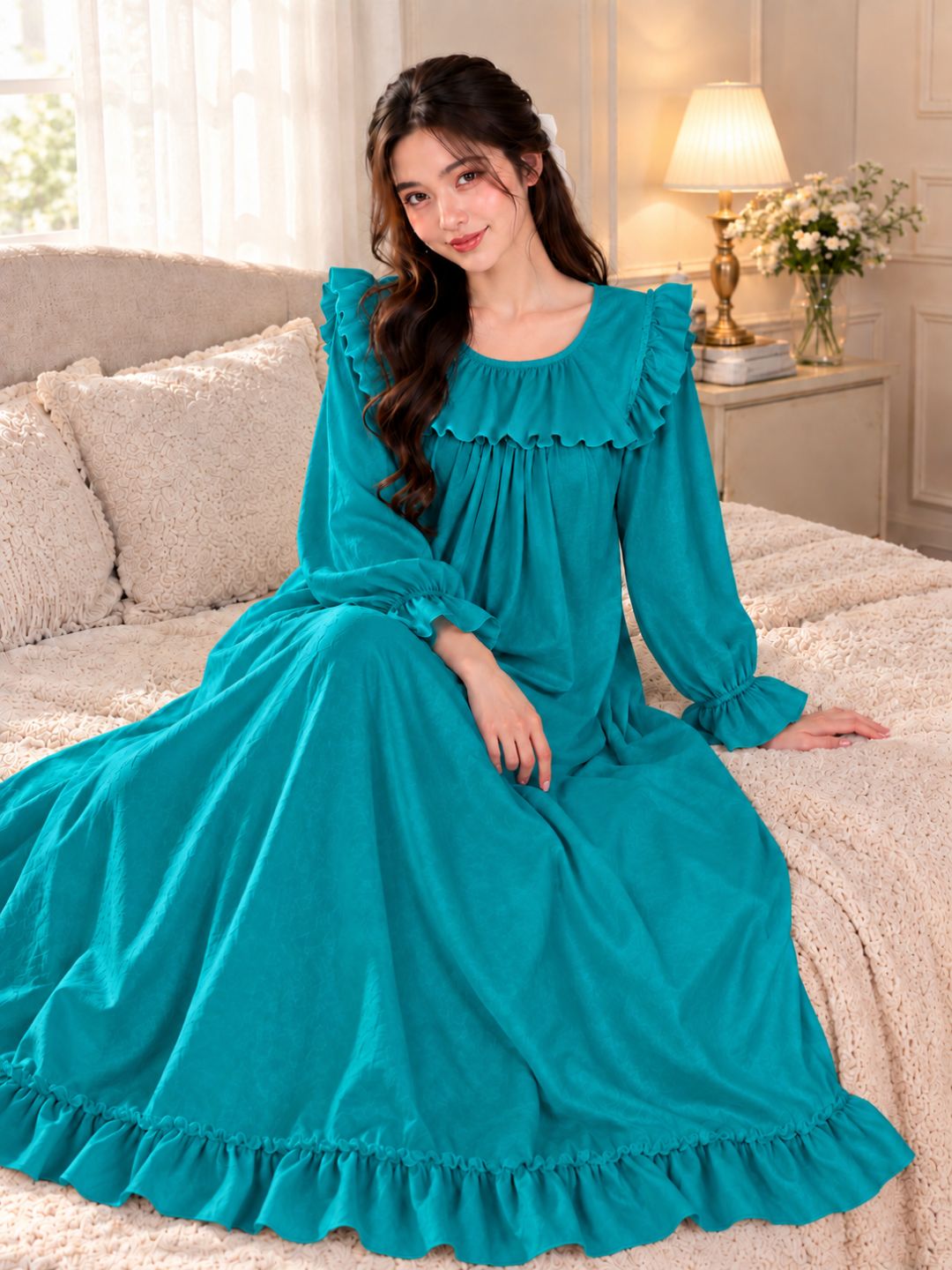 11063-Womens Satin Ruffled Full Length Nightdress