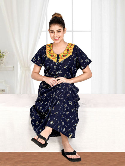 1903-Women's Pure Cotton Blended Printed Maxi Dress for Daily & Night Wear Floral Nighty