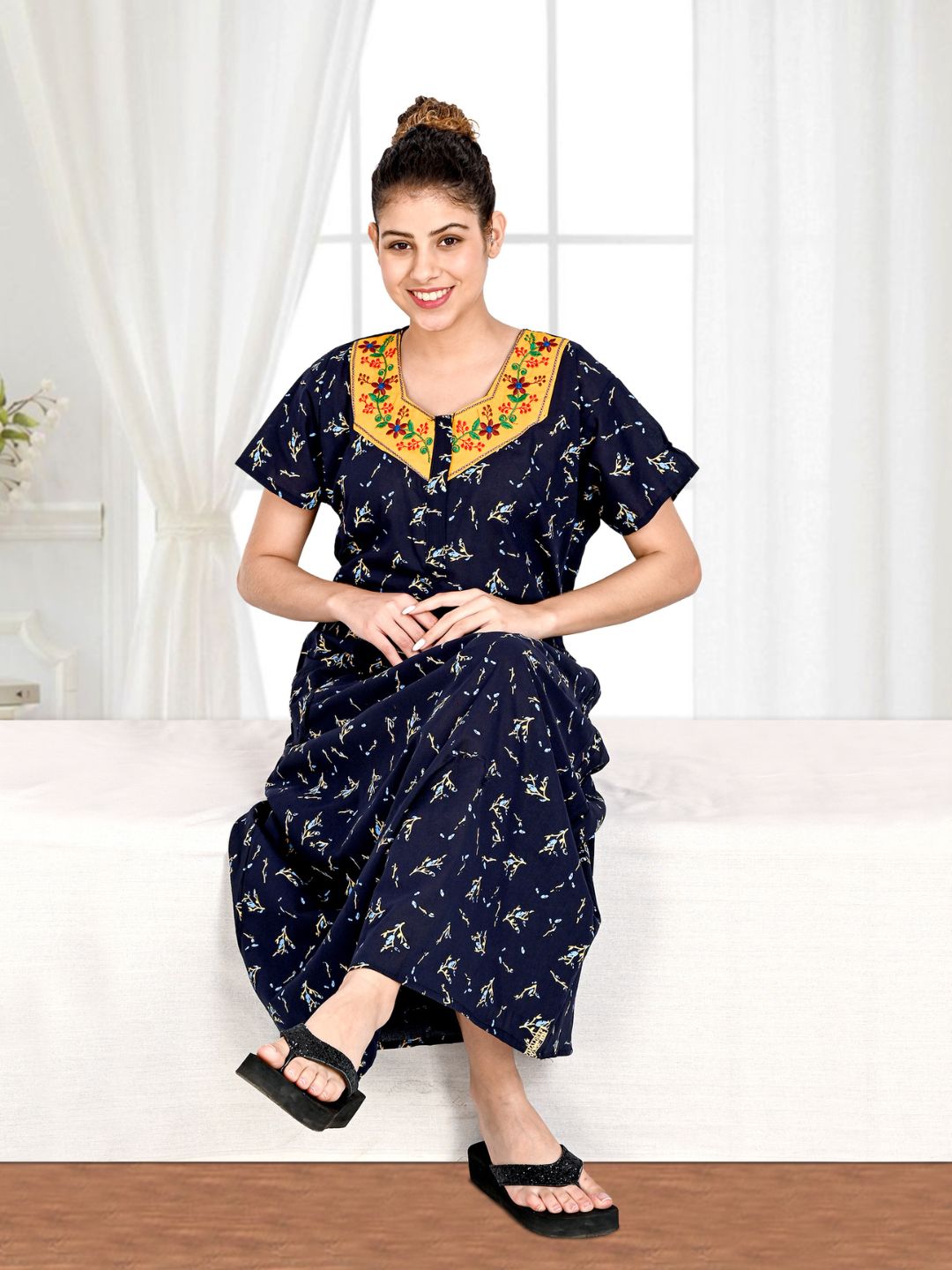 1903-Women's Pure Cotton Blended Printed Maxi Dress for Daily & Night Wear Floral Nighty