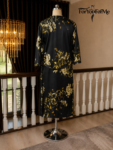 11003-Black Floral Satin Nightwear Robe Set for Women