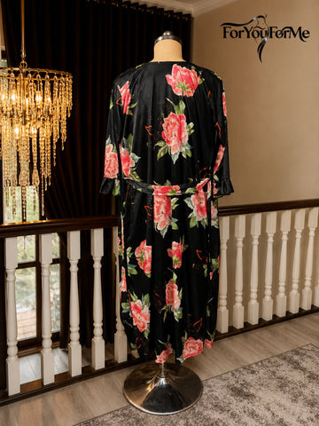 11017-BLACK-Women’s Floral Satin Nightdress with Matching Robe