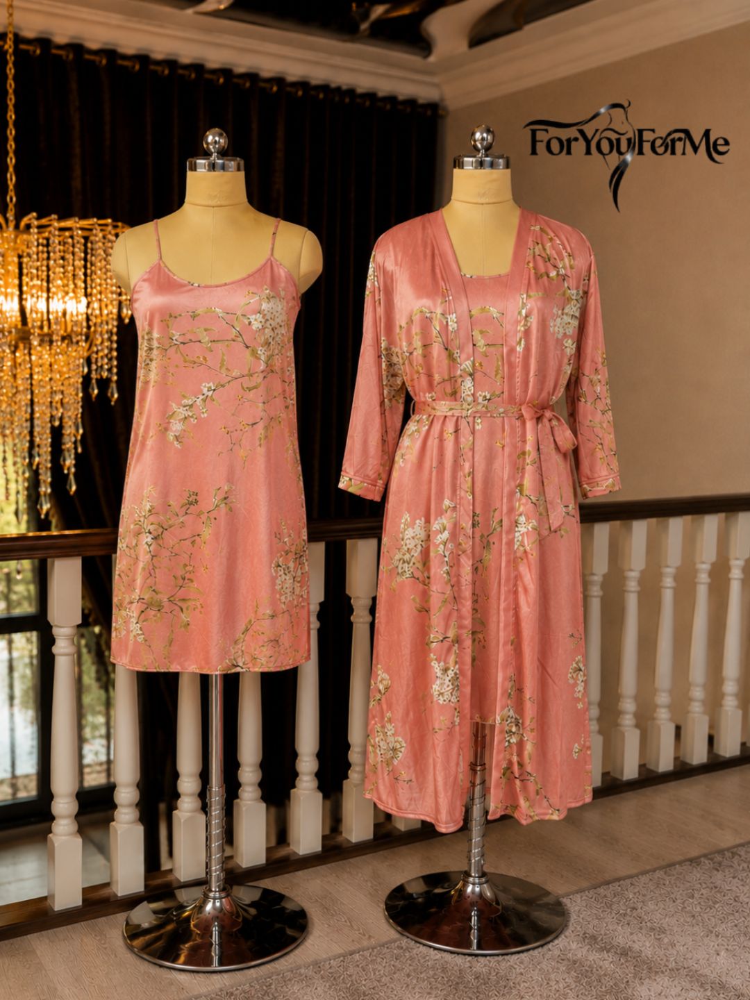 11003-Black Floral Satin Nightwear Robe Set for Women