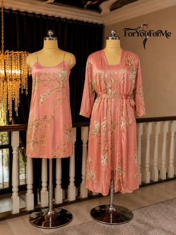 11003-Black Floral Satin Nightwear Robe Set for Women