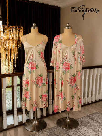 11017-BLACK-Women’s Floral Satin Nightdress with Matching Robe