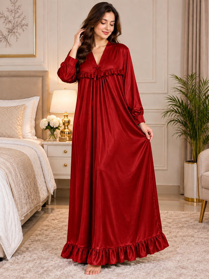 11064-Satin V-Neck Ruffled Maxi Nightdress