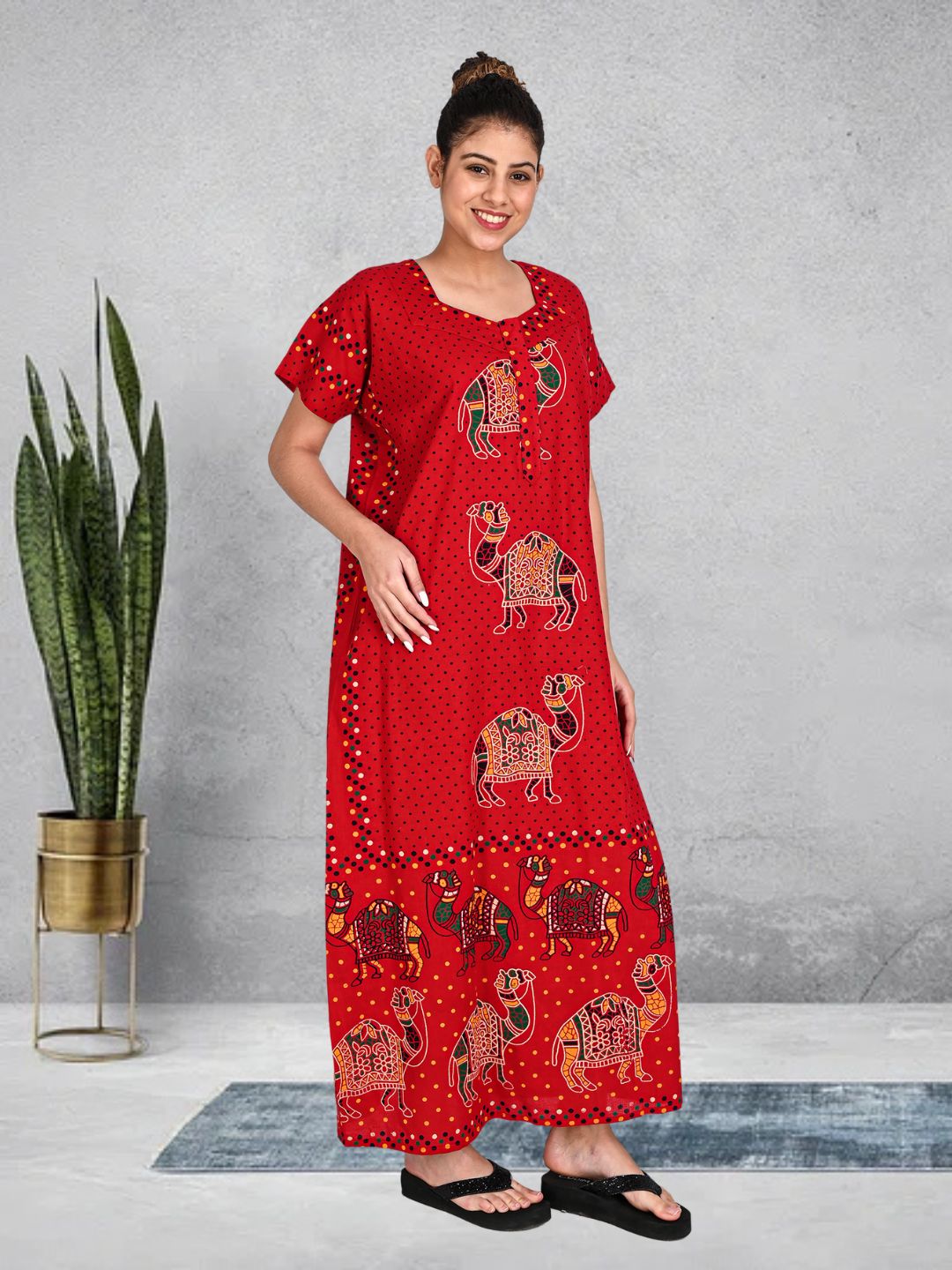1450-Women's Pure Cotton Blended Printed Maxi Dress for Daily & Night Wear Floral Nighty