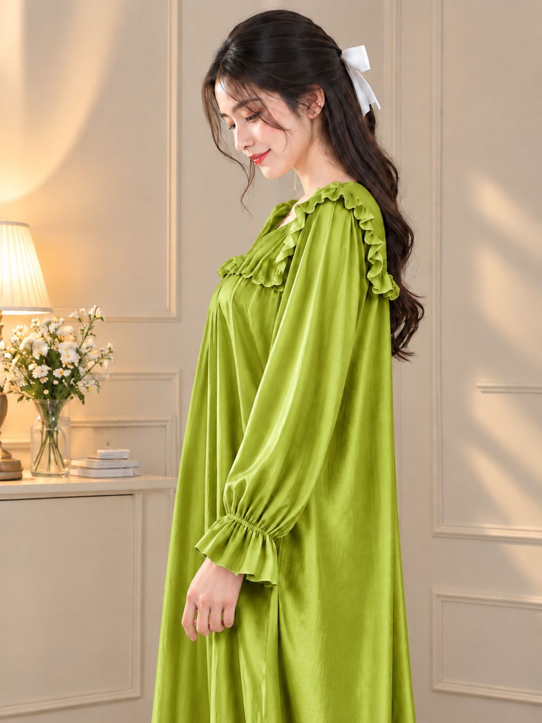 11063-Womens Satin Ruffled Full Length Nightdress