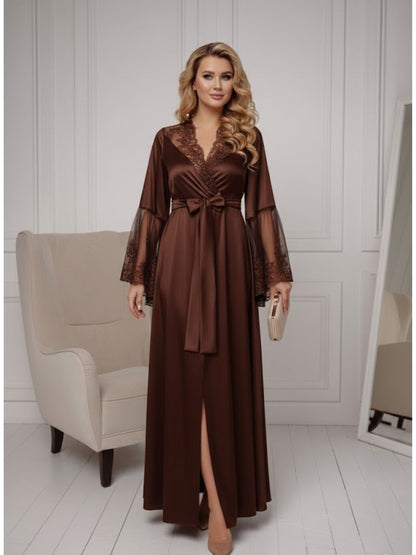 11028-Black Elegant Lace Trim Bridal Robe with Flared Sleeves