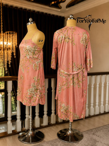 11003-Black Floral Satin Nightwear Robe Set for Women
