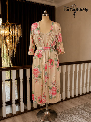 11017-BLACK-Women’s Floral Satin Nightdress with Matching Robe