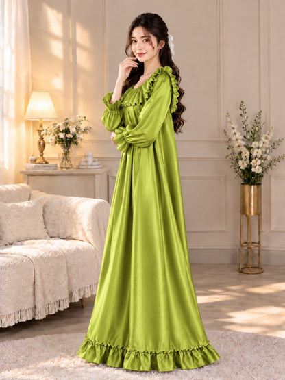 11063-Womens Satin Ruffled Full Length Nightdress