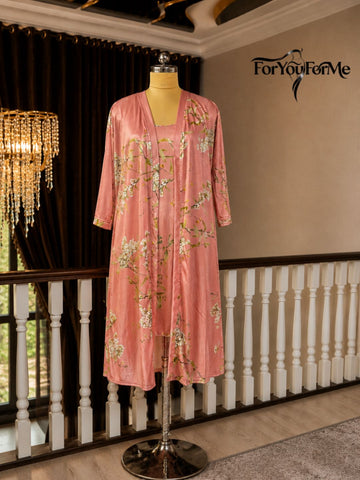 11003-Black Floral Satin Nightwear Robe Set for Women
