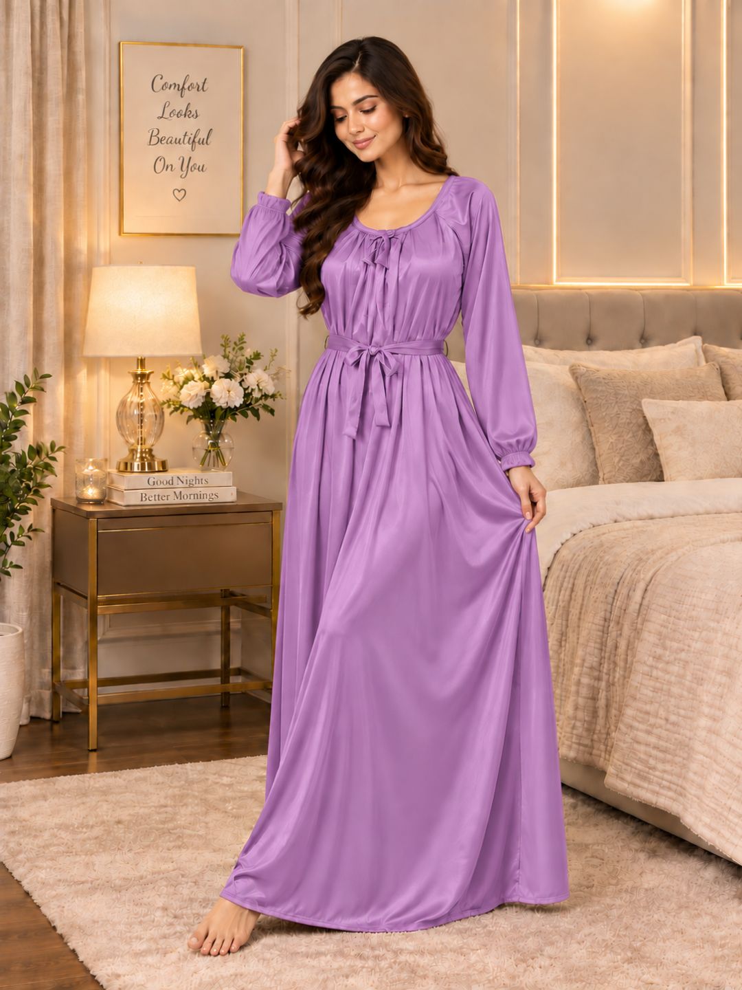 11065-Women Solid Satin Full-Length Night Dress.