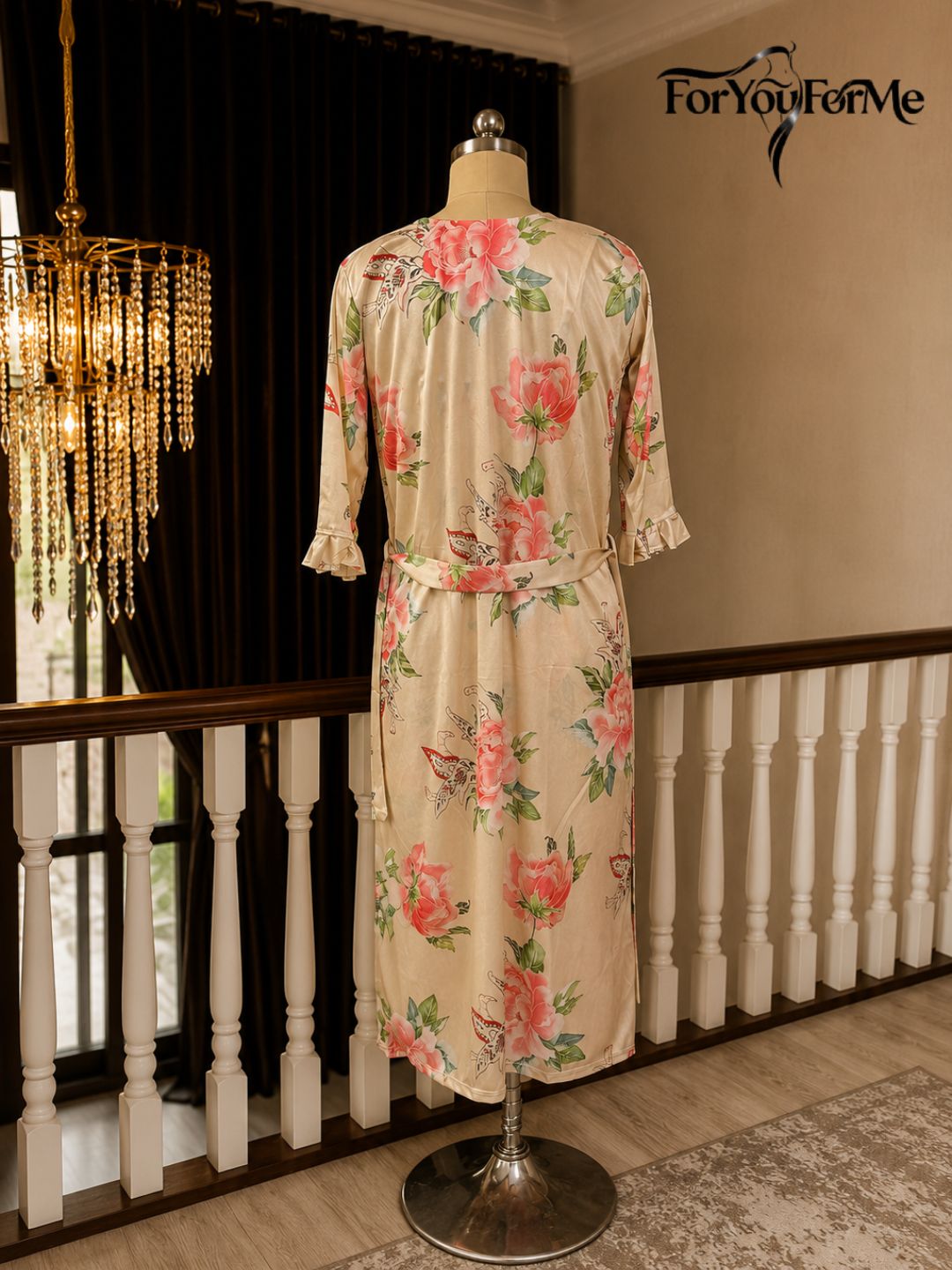 11017-BLACK-Women’s Floral Satin Nightdress with Matching Robe