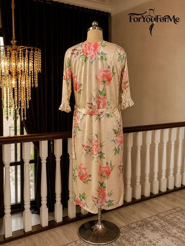 11017-BLACK-Women’s Floral Satin Nightdress with Matching Robe