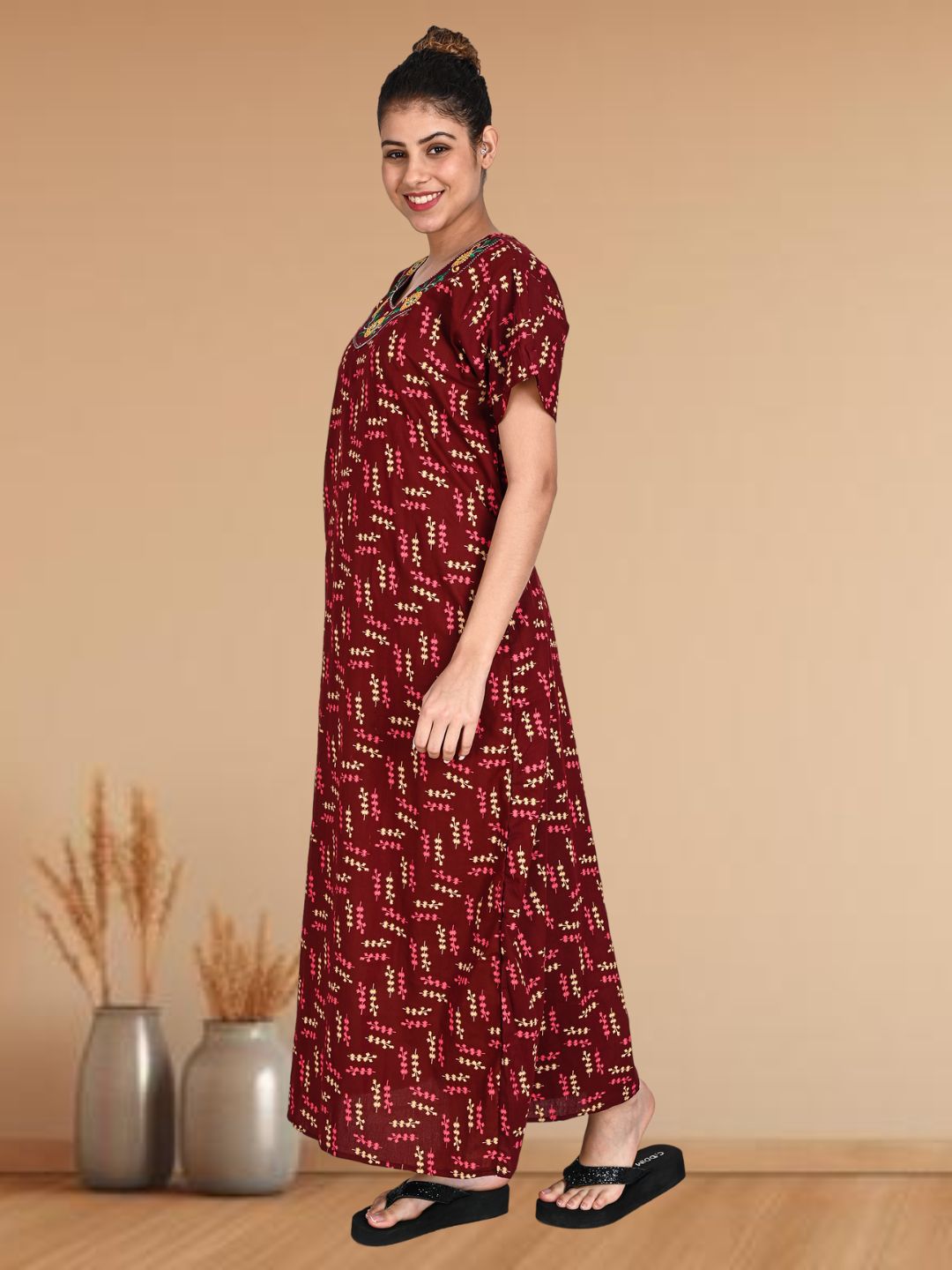 1904-Women's Pure Cotton Blended Printed Maxi Dress for Daily & Night Wear Floral Nighty