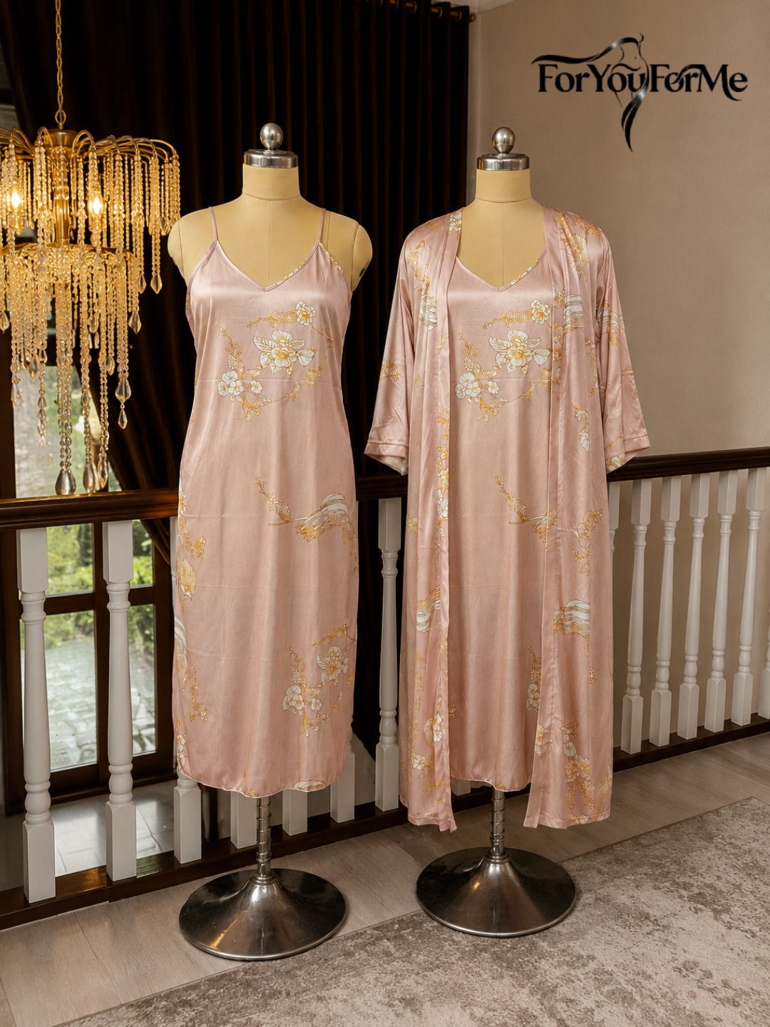 11018- Women Blush Pink Floral Satin Nightwear Set
