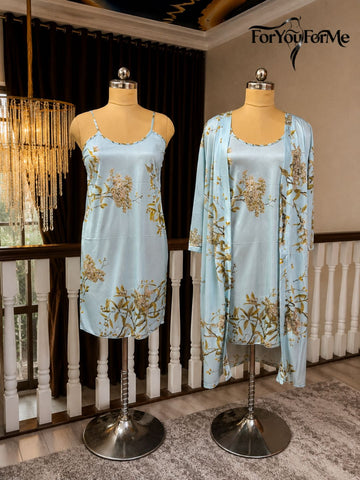 11003-Black Floral Satin Nightwear Robe Set for Women