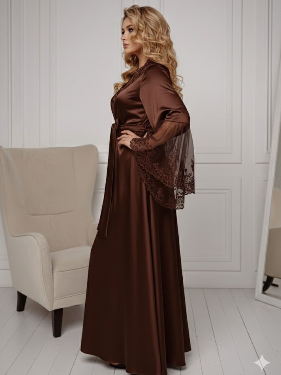 11028-Elegant Lace Trim Bridal Robe with Flared Sleeves