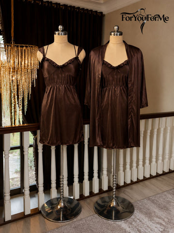 11036 - Women Satin Nightdress with Lace-Up Detail & Robe Set