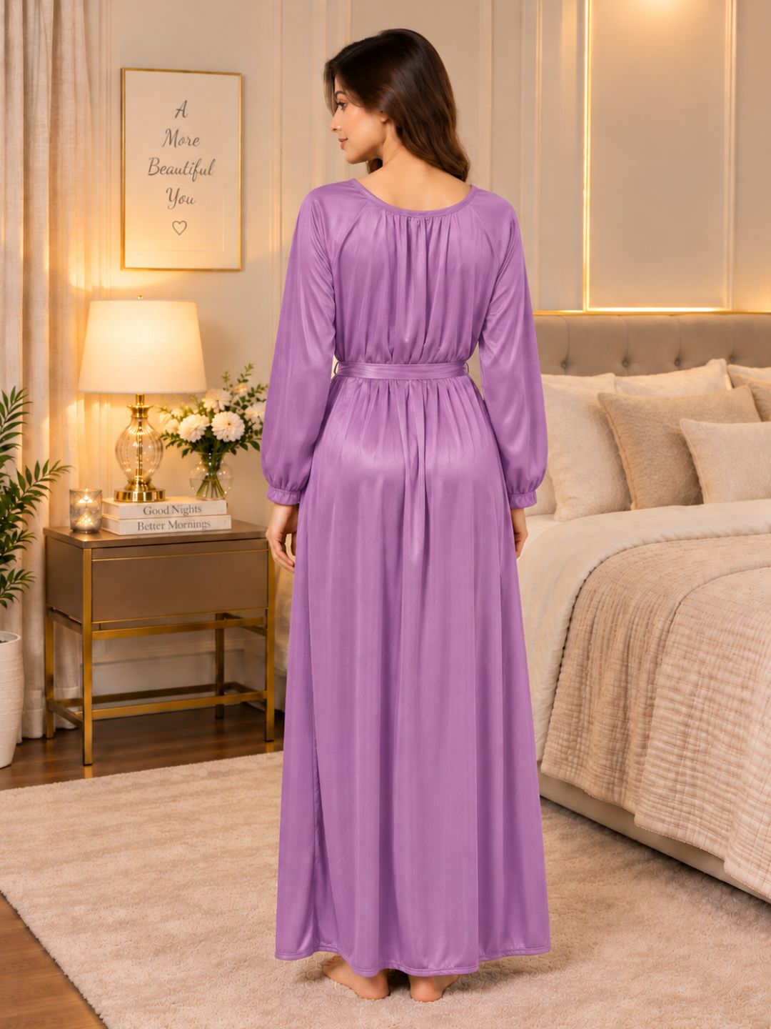 11065-Women Solid Satin Full-Length Night Dress.